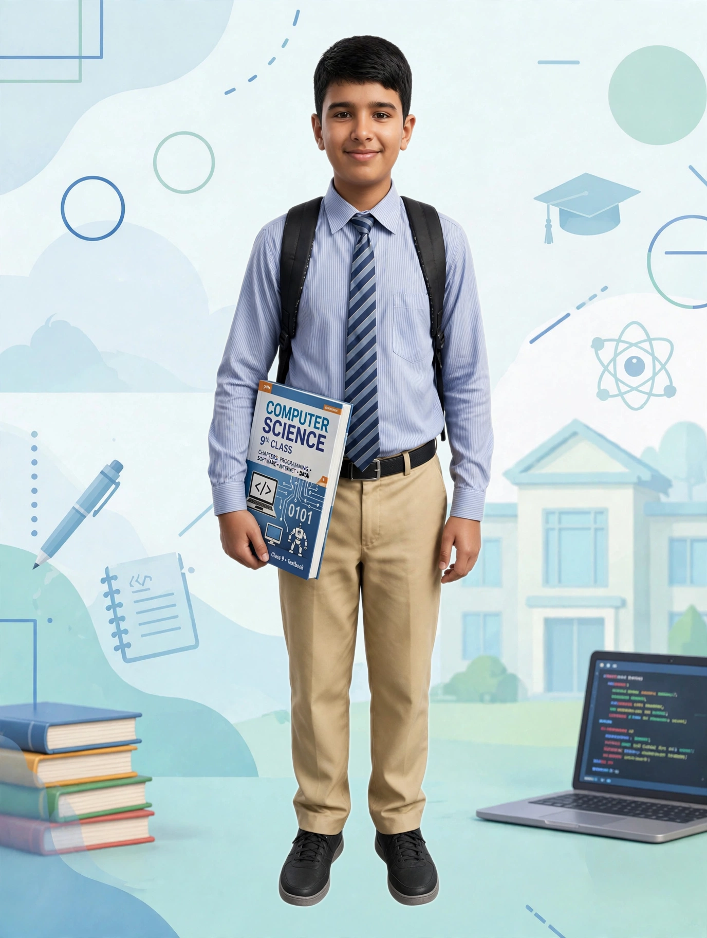 Student of Government Boys High School Ranjata in school uniform holding the Class 9 Computer Science book